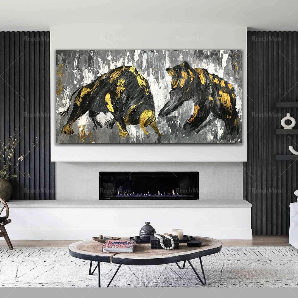 

Large Abstract Bull and Bear Canvas Print, Bull Oil Painting Stock Market Wall Street Gift, Bull and Bear Living Room Decor