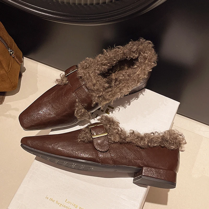 

Женские ботинки на меху, обувь на каблуке с квадратным носком, женские короткие ботинки, зима 2025 г., новая кожаная обувь, повседневные теплые ботинки челси Mujer Zapatos