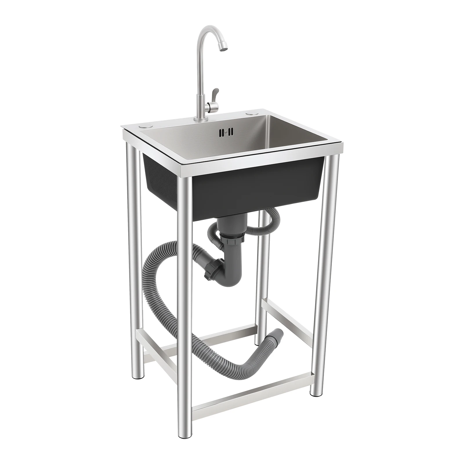 حوض مطبخ ستانلس ستيل وعاء واحد 18 بوصة مع صنبور، حوض صامت مصقول 304 للمطبخ، سهل التركيب