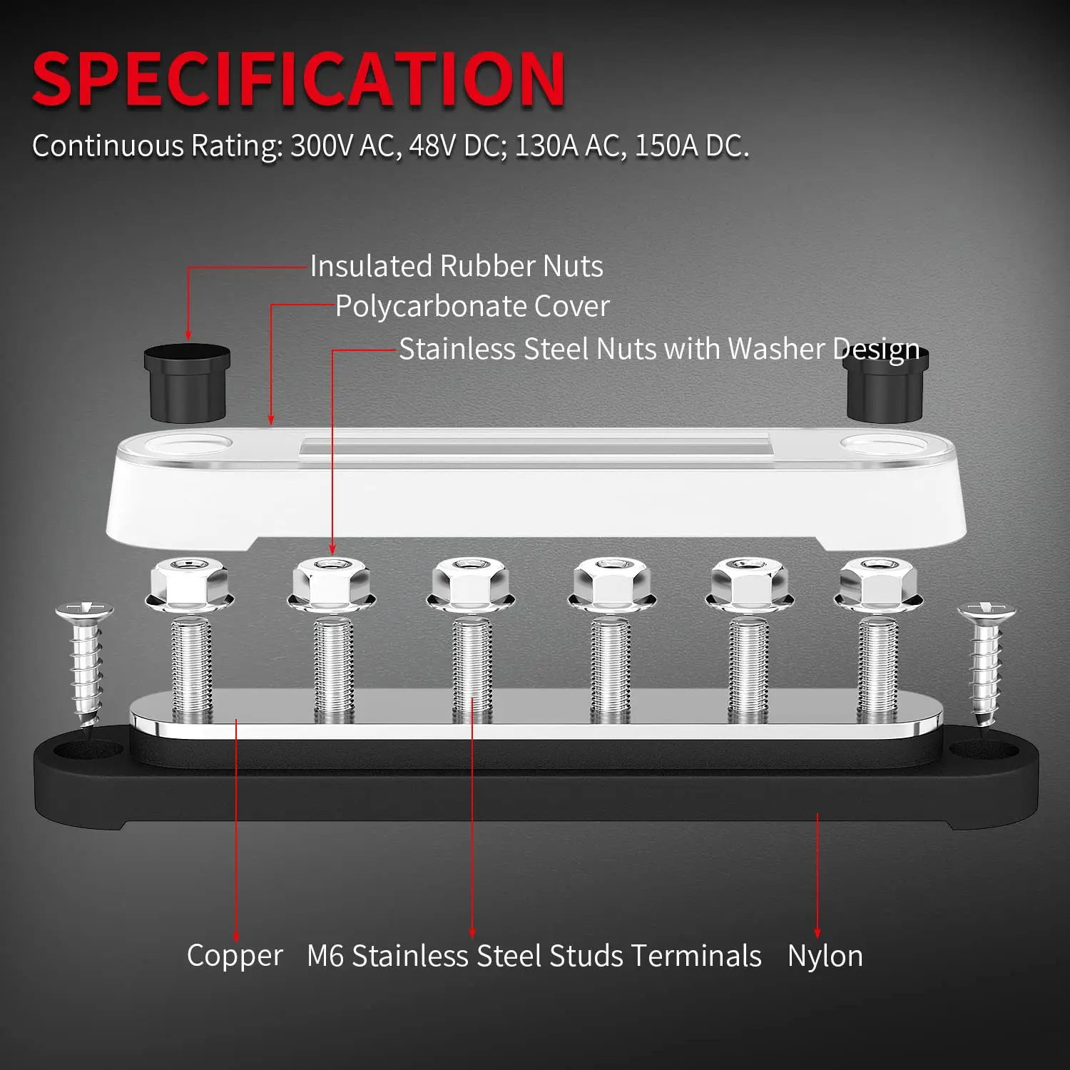 Marine Bus Bar 12V 6 x 1/4\