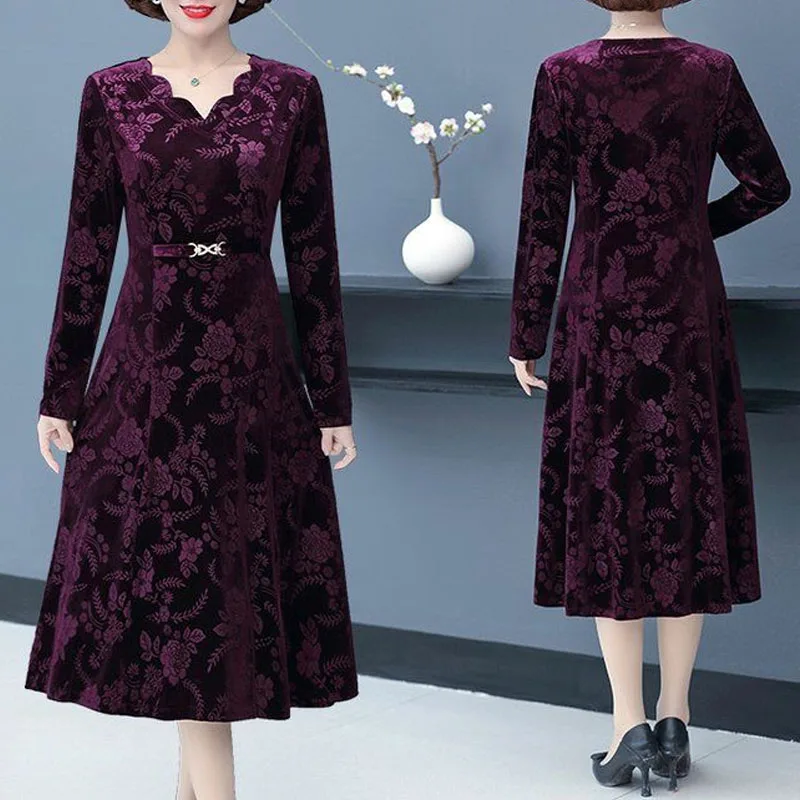 Women\'s Vintage Elegant Embossing V-Neck Dress 2023 Autumn New Female Clothing Long Sleeve Simple Solid Color Slim Midi Dresses