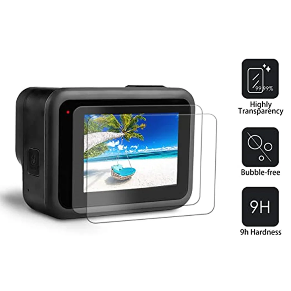 3PCS obiettivo della fotocamera pellicola in vetro temperato pellicola protettiva per schermo HD pellicola protettiva antipolvere per videocamere sportive GoPro 8