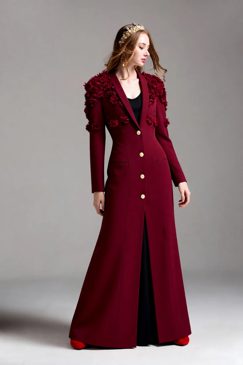 Vestido maxi feminino de manga comprida com apliques florais 3D – vestido elegante com gola xale e botões dourados para festa, casamento, evento noturno