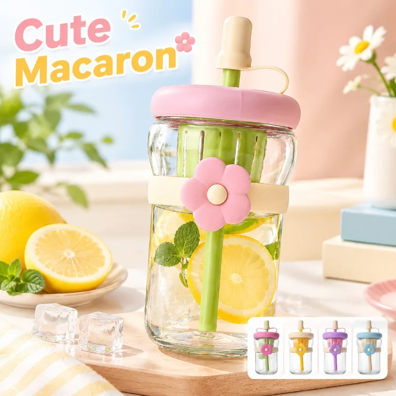 New Cute Macaron Glass Straw Cup Tea Infuser Separation Portable Vessel Gift Promo Beverage Mug for Daily Household Use