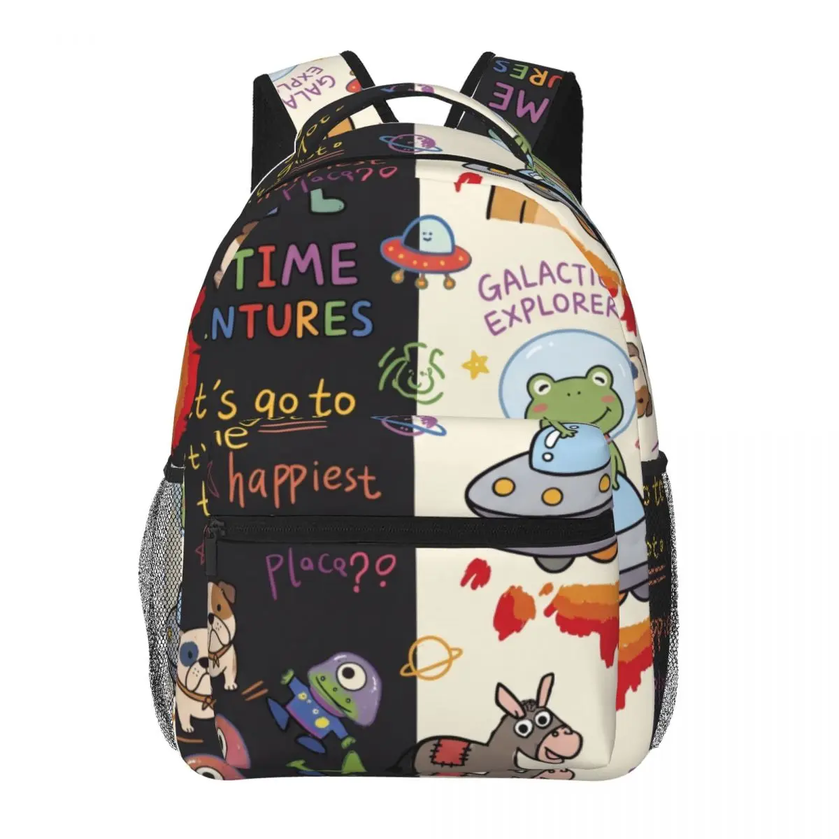 Gothic School Backpack Allover Animal Doodles Y2K Cute Black White Multi Streetwear Bookbag for Teens College Travel Concert Men