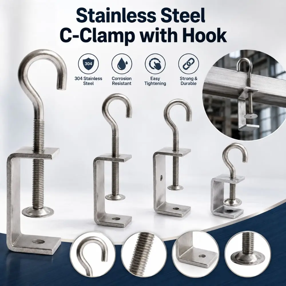 304 Stainless Steel C-clamp Pull Ring 20-140mm Opening Square Clamp Sturdy Adjustable Fixed Holder Clip Hardware Fasteners