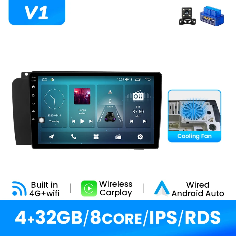 9 inch Android 14 2 DIN autoradio voor Volvo XC70/V70/S60 P24/P26 2004-2009 Draadloze Carplay & Android Auto 4G Wifi GPS Plug and Play