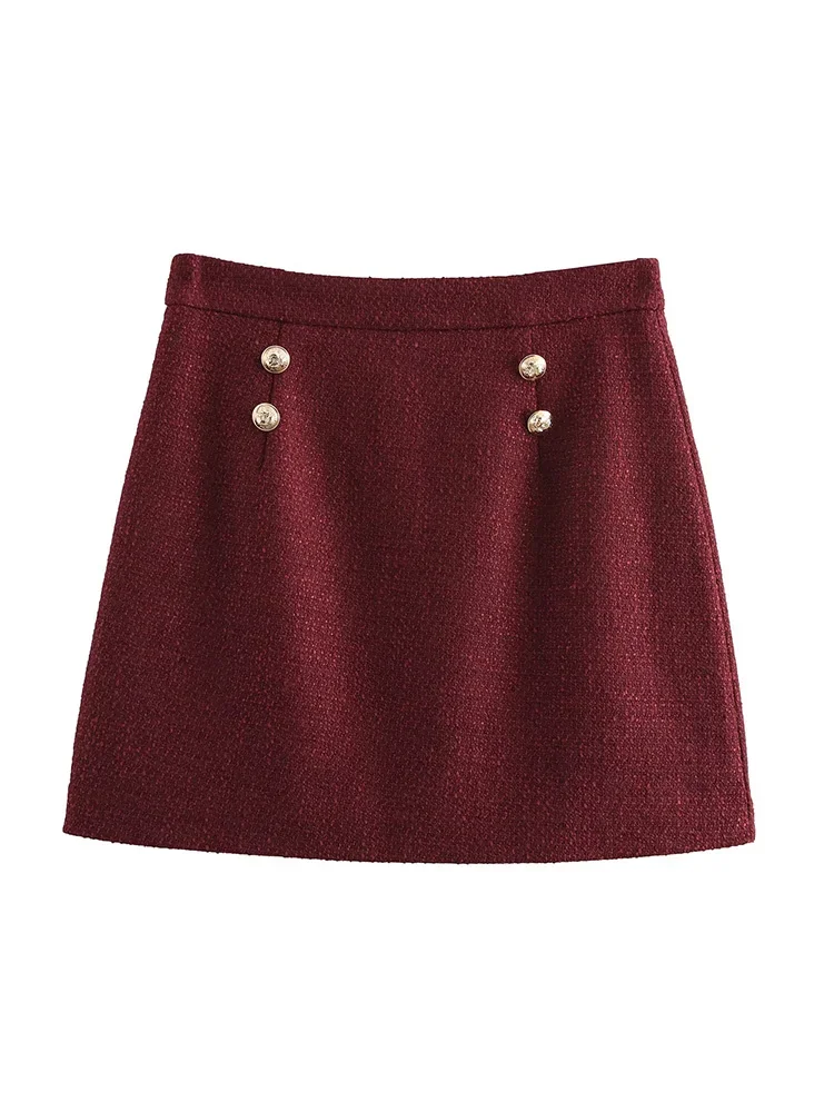 

Willshela Women Fashion With Button Wine Red Back Zipper Mini Skirt Vintage High Waist Female Chic Lady Skirts