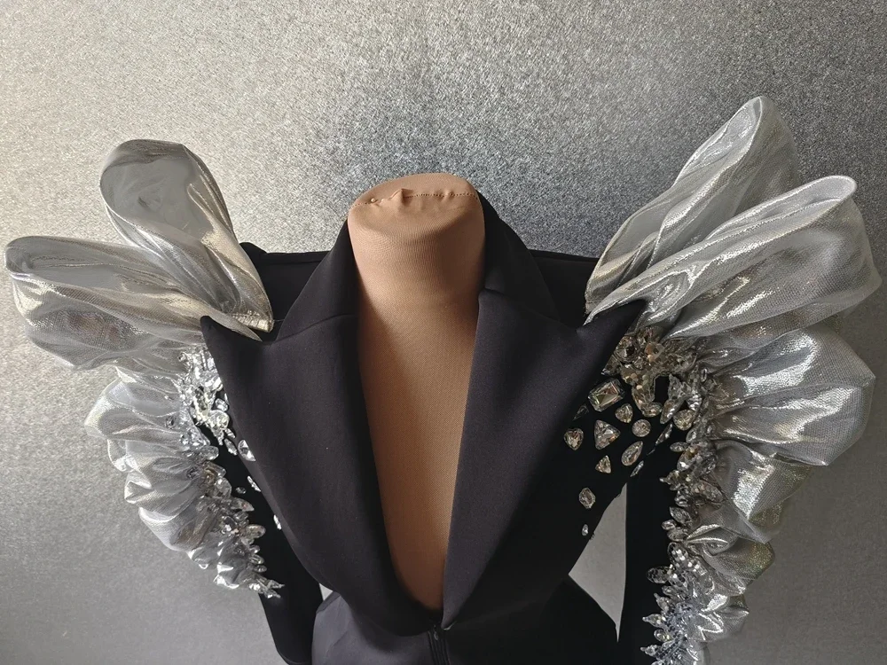 Черная куртка с блестками и стразами, большими рукавами, сексуальная певица, танцовщица, ночной клуб, джазовый танцевальный костюм, сценическая одежда для выступлений