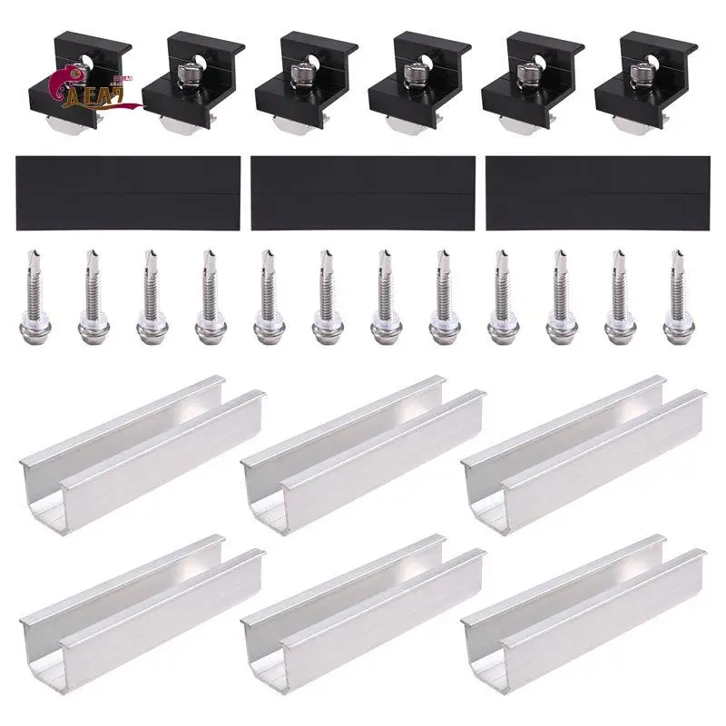AEA9-12Pcs Solar Panel Bracket Aluminum PV Rail Fastening Module Trapezoidal Roof Mount Solar Rail End And And Middle Clamps