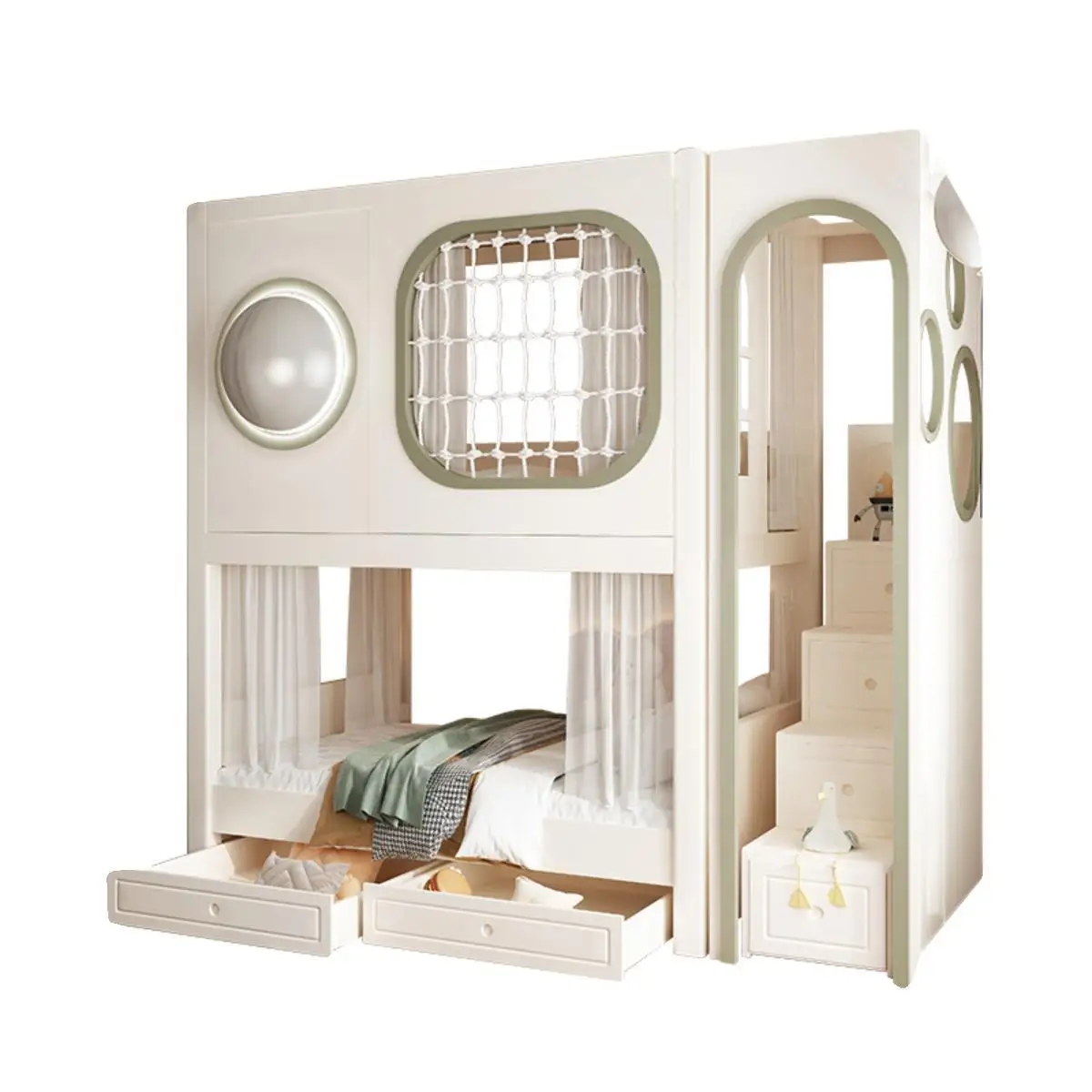 

Children's staggered bunk bed, high and low bed, high guardrail, tree house with desk, wardrobe, integrated , furniture set com