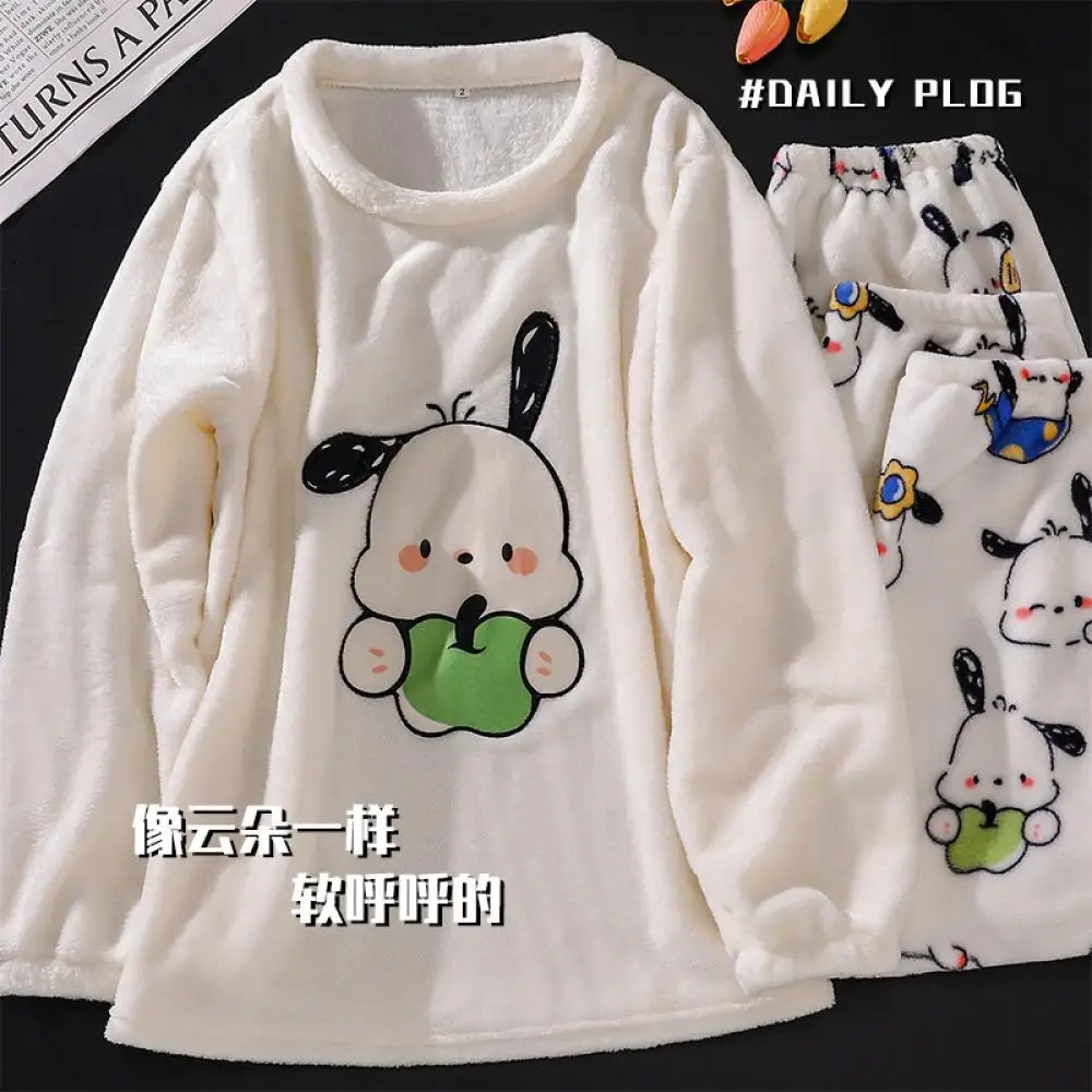 Cartoon Pochacco Korallen Fleece Pyjamas Set Sanrioed Anime Kawaii Frühling Frauen Plüsch Homewear Nette Mädchen Student Lose Warme Kleidung