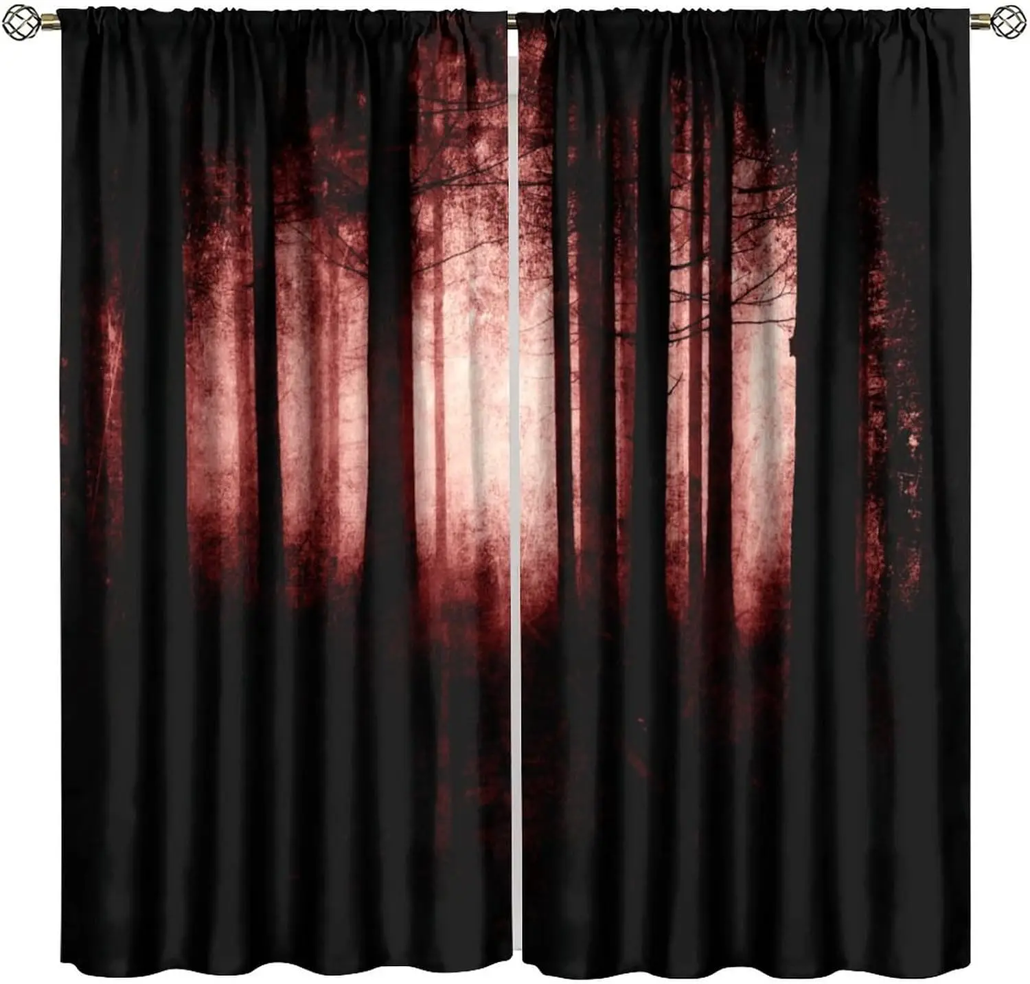Gothic Dark Red Forest Curtains, Haunted Creepy Landscape Misty Forest Window Treatments Spooky Horror Halloween Forest Window D