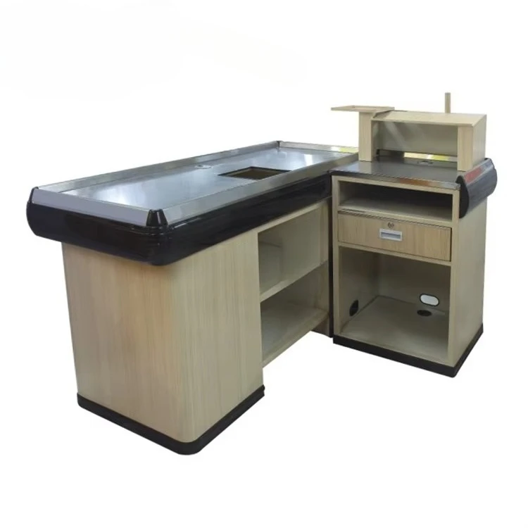 Express supermarket counter checkout page with metal bag rack