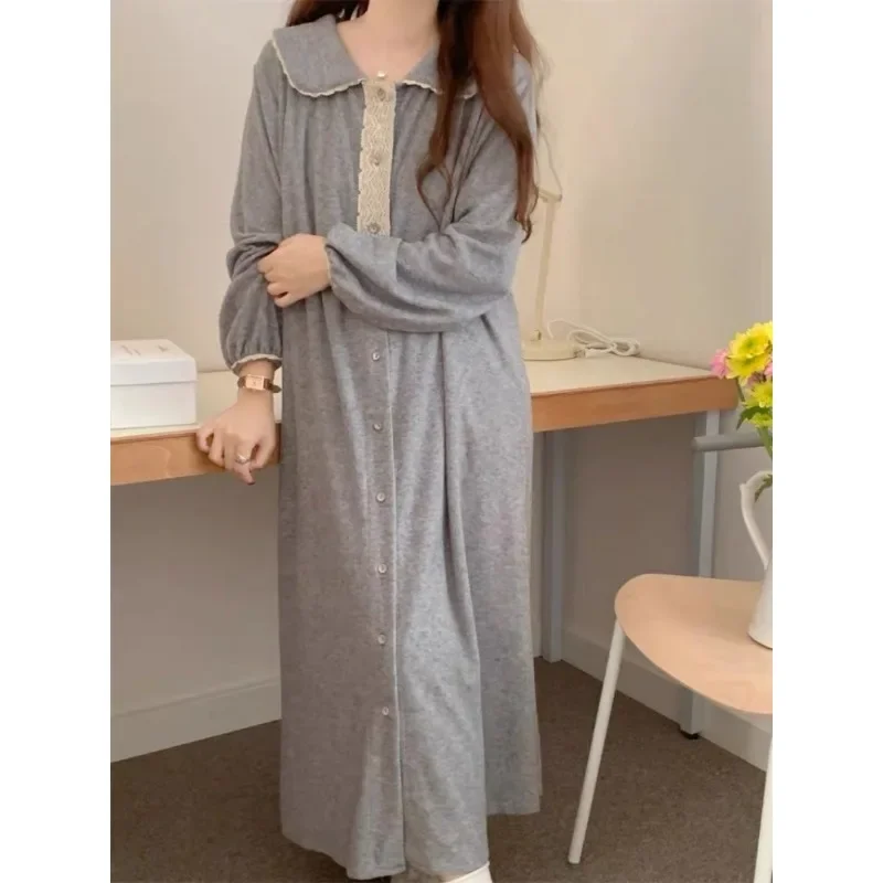 Women Gray Long Sleeve Nightgowns Casual Spring Autumn Loose Nightdress Full Length Elegant Ladies Sleepwear Fashion Loungewear