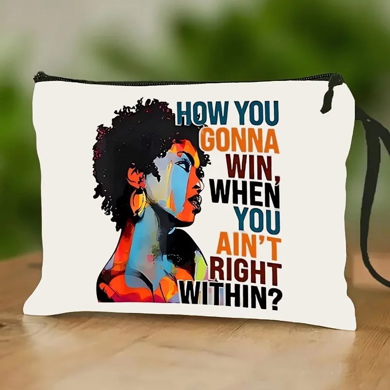African American Woman Profile Cosmetic Bag with Wrist Strap Inspirational Quotes Text Storage Bag Stationery Storage Bag Wash B
