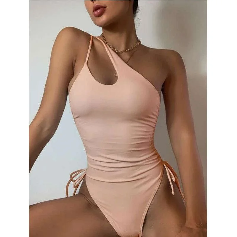 2025 Costume da bagno intero e bikini sexy Faionable Colore puro oulder Baring Costume da bagno casual da donna Busto fisso