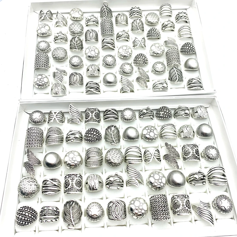 Wholesale 100pcs/Lot Mix Vintage Jewelry Rings Men Womens Retro Carved Patterns Finger Accessory Anniversary Silver Plated