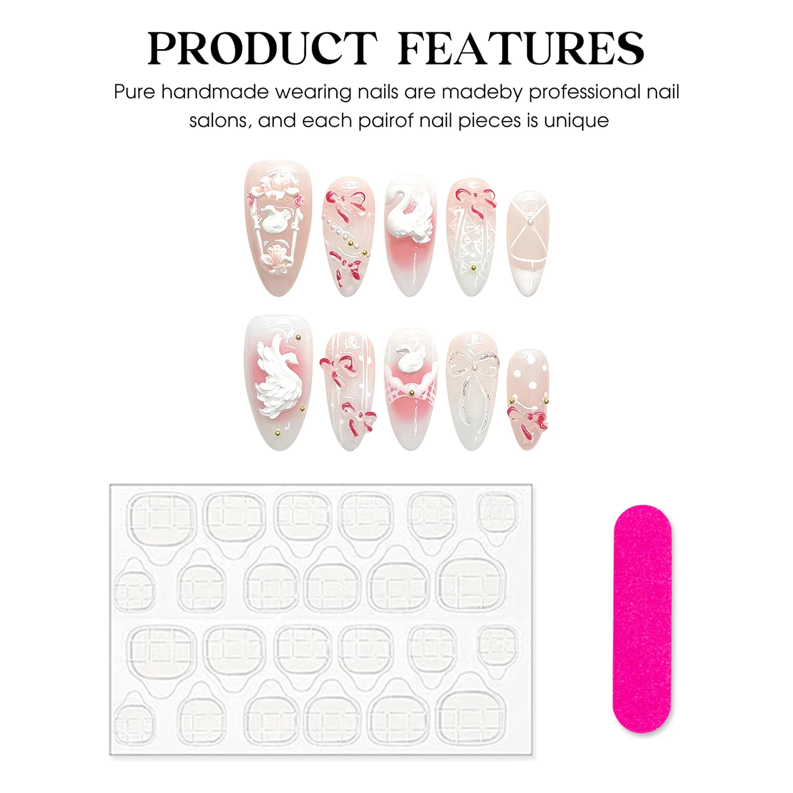 Handmade Press on Nails Light Pink Almond False Nails with 3D White Swan Decor Sweet French Fake Nail Tips for Girls Wearable