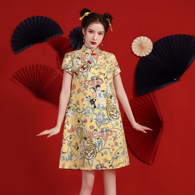 2024 Chinese Style New Improved Qipao Personality Printed Design Chinese Traditional Dress Cheongsams ципао Vestidos Para Mujer