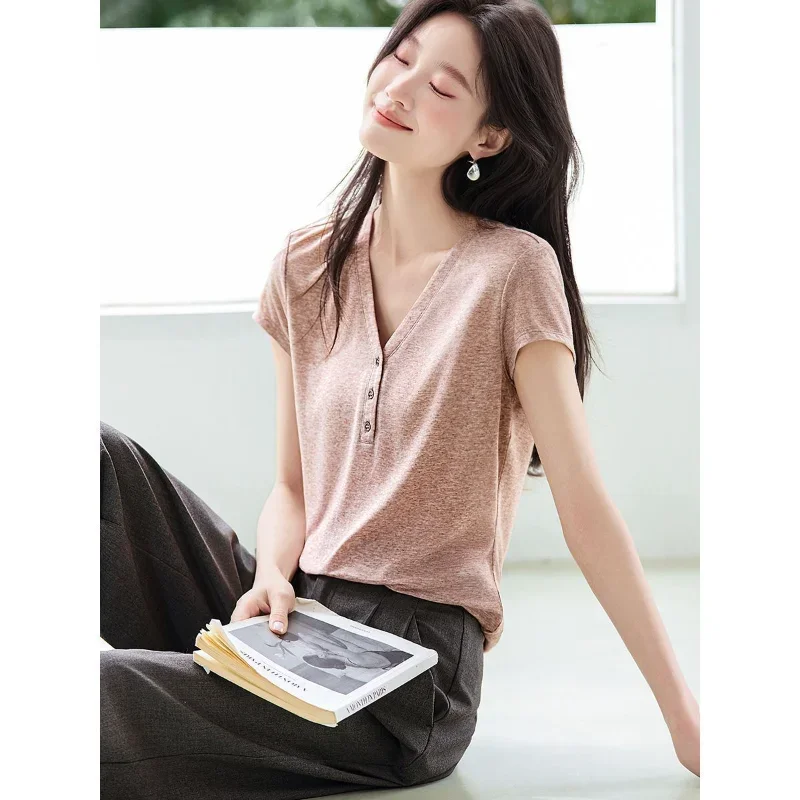 Korean Casual Women Linen Blend V Neck Placket Short Sleeve Tee Slim Fit Solid Daily Top