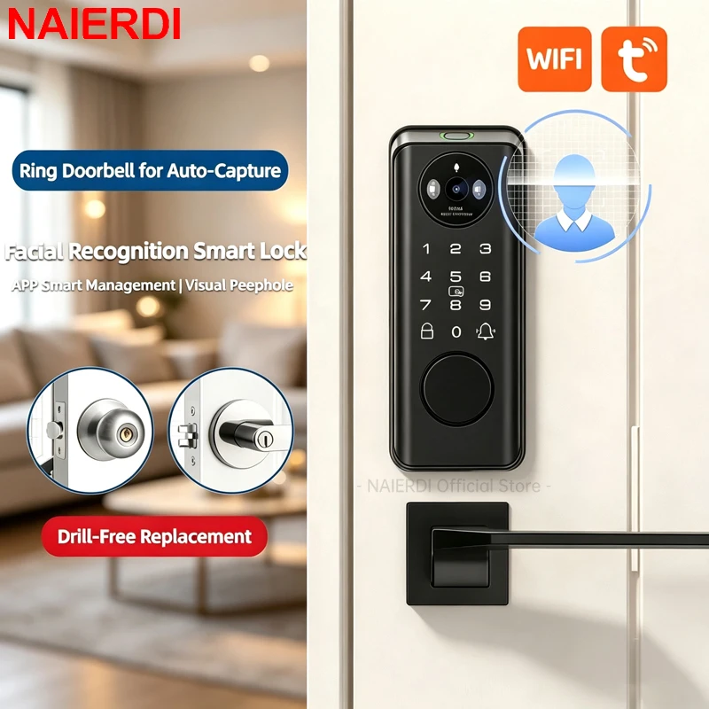 NAIERDI Smart Fingerprint Door Lock Tuya APP Face Recognition Deadbolt Lock Wifi Digital Door Peephole Camera with Doorbell