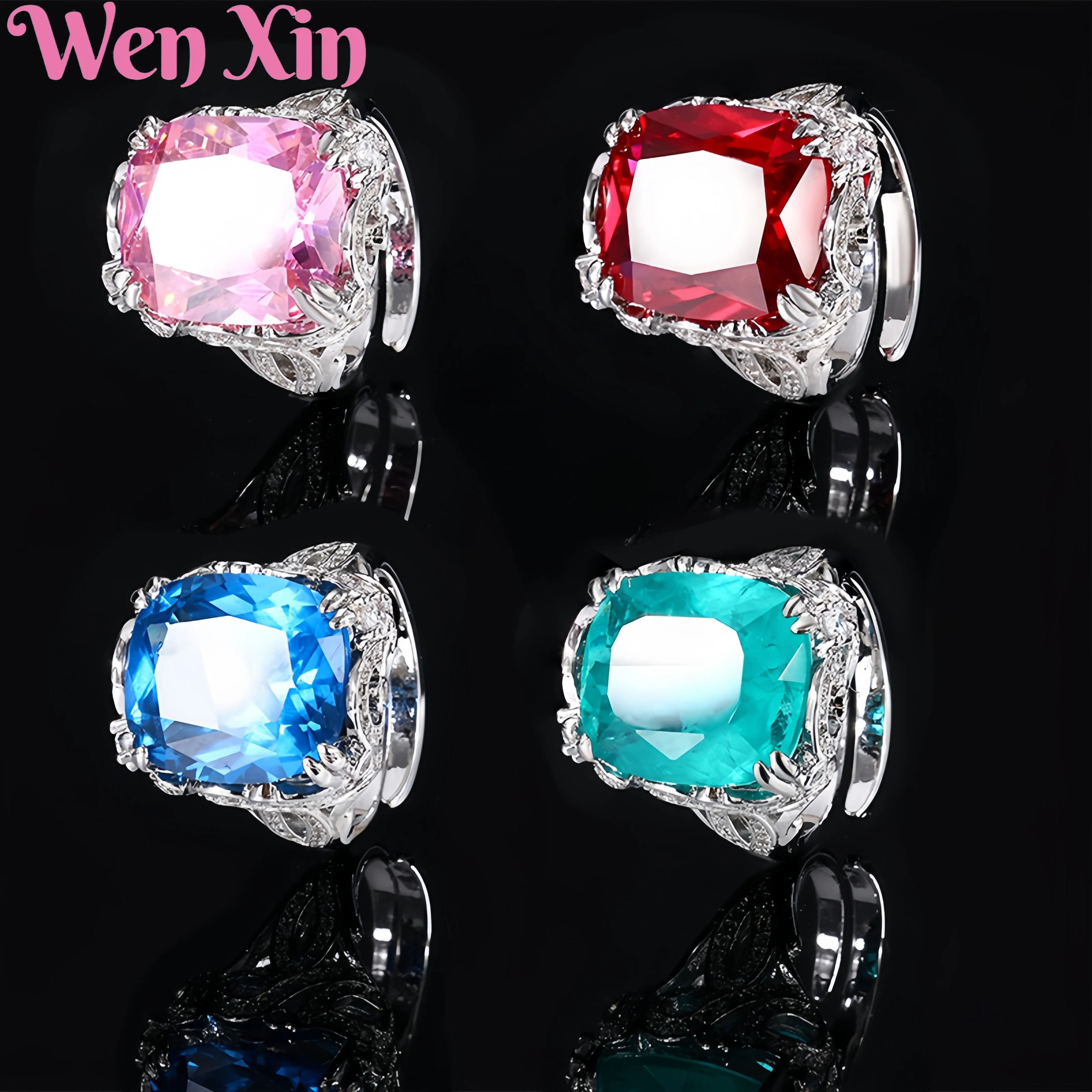 

WENXIN Brand MUSHAN Copper Base Gold-Plated Simulated Corundum Fertilizer Rectangular Gemstone Ring Fashion Jewelry Accessories