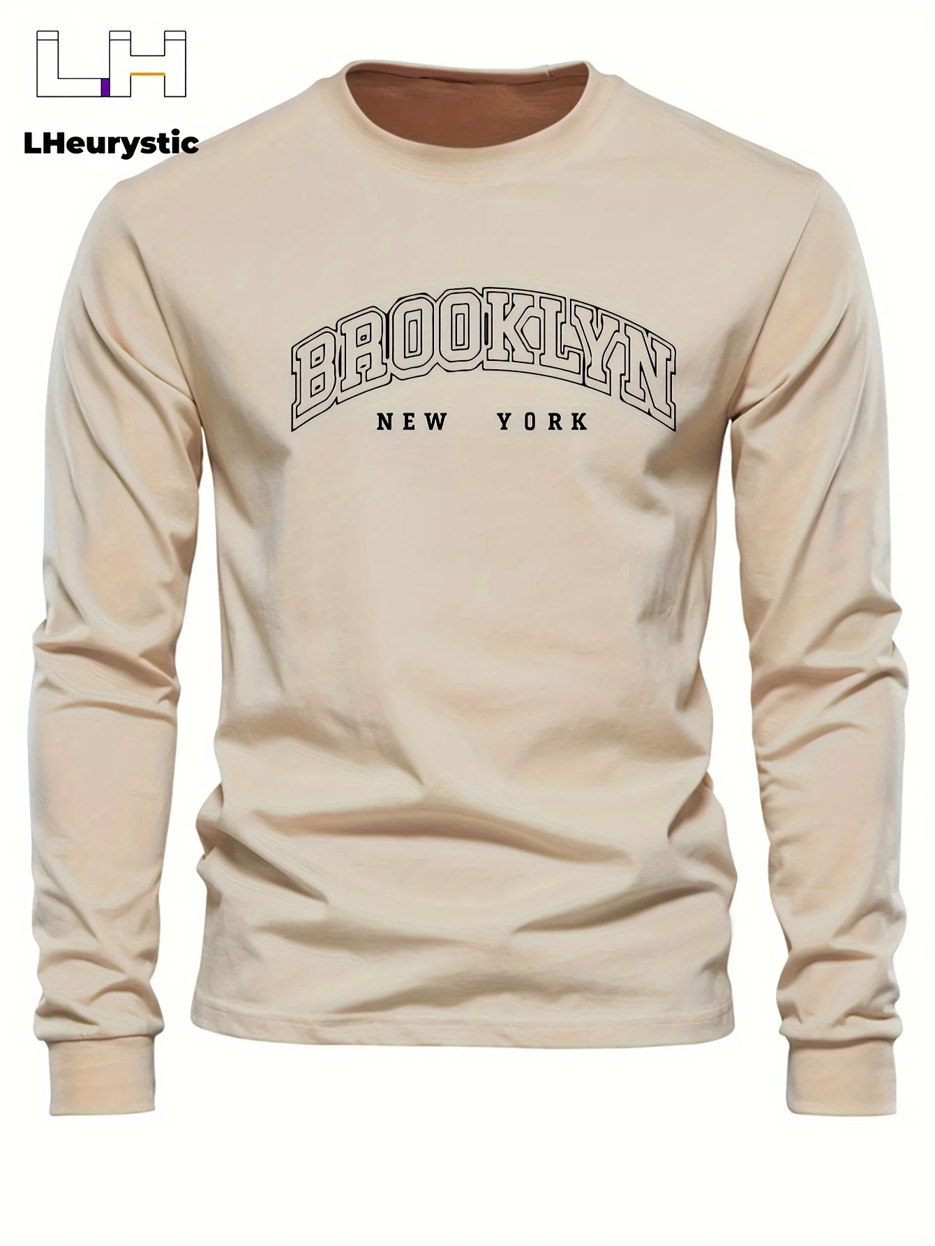 Men's 100% pure cotton loose and comfortable casual sports Brooklyn letter printed round neck long sleeved T-shirt top view 4