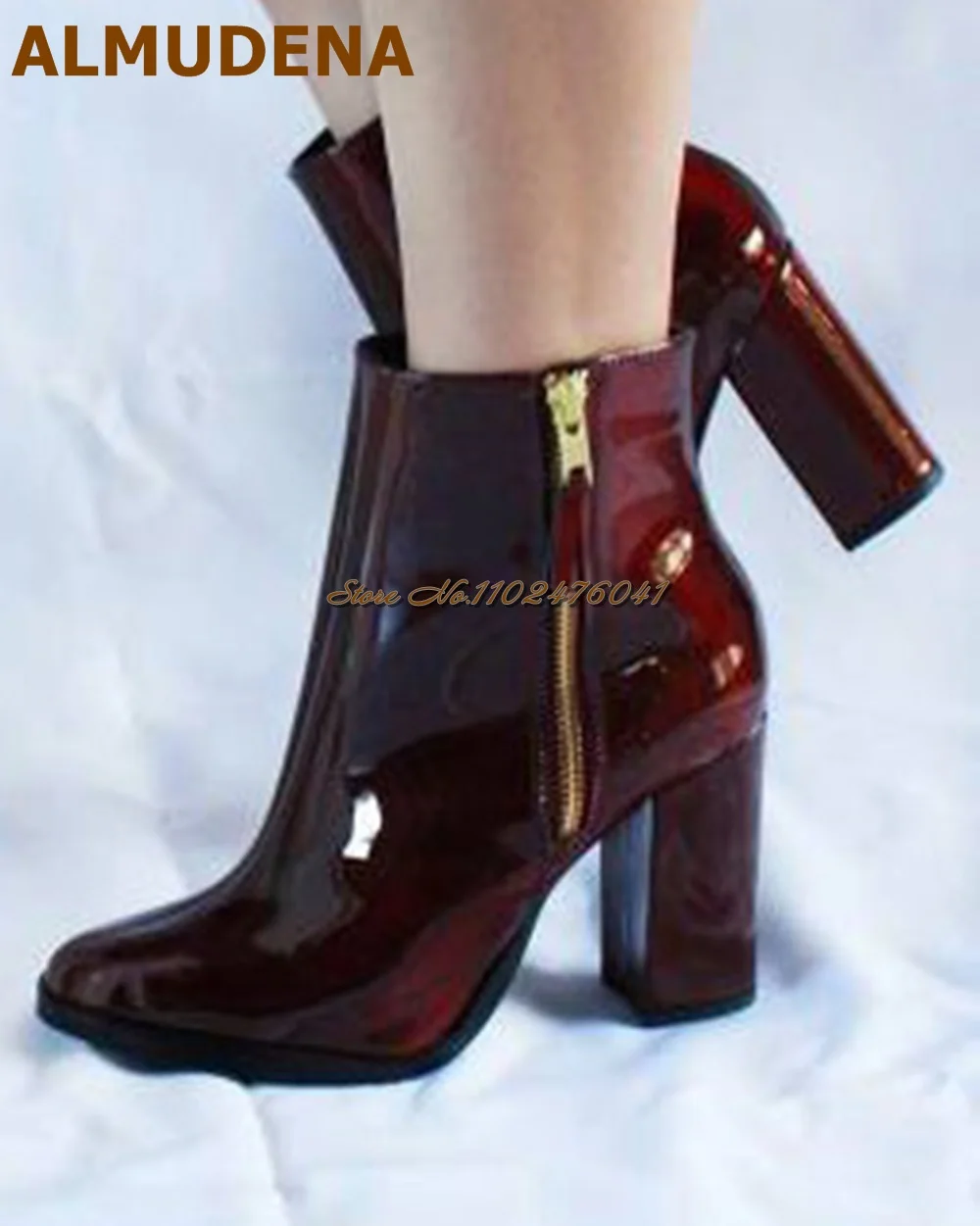 

ALMUDENA Burgundy Patent Leather Chunky Heel Ankle Boots Women Zipped Block Heel Short Booties Size46 Dress Pumps Dropship