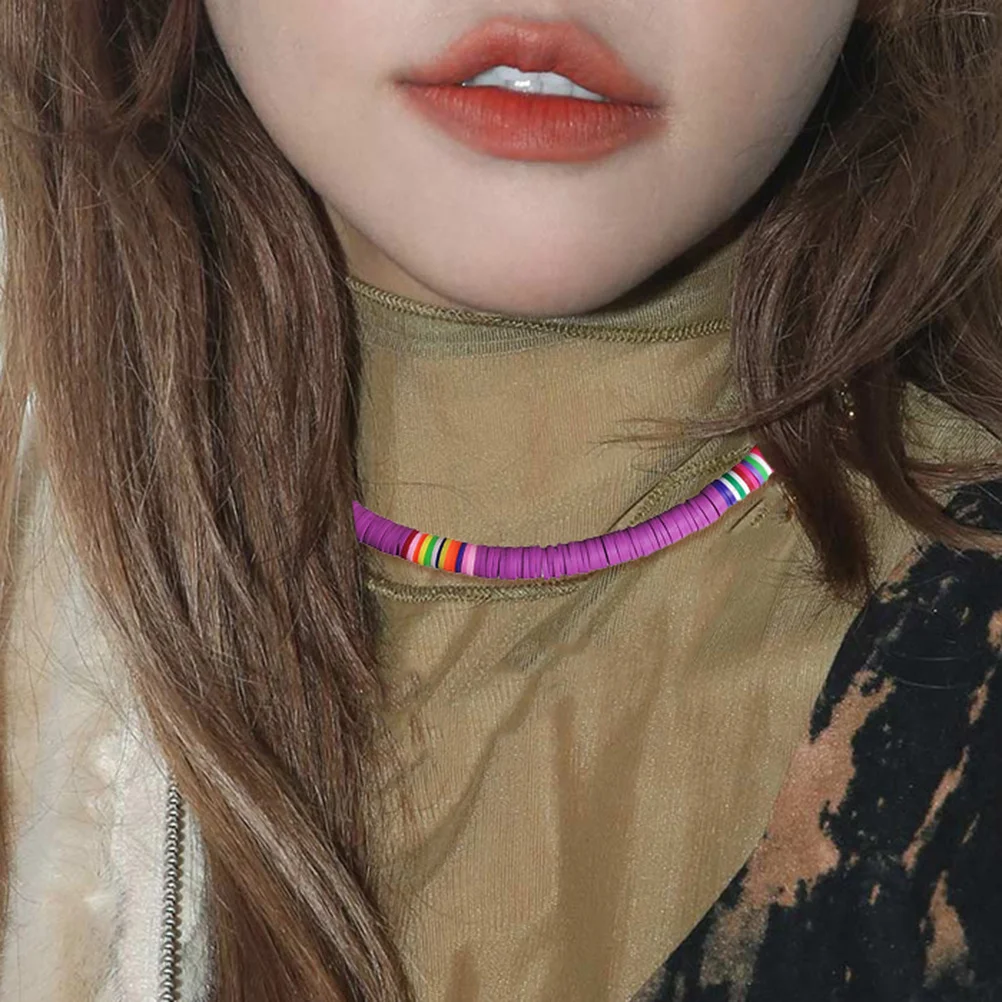 

6Mm Purple Clay Round Pieces Necklace For Women Lightweight Boho Choker Bunt Beach Summer Festival Pendant Metal Alloy Chain