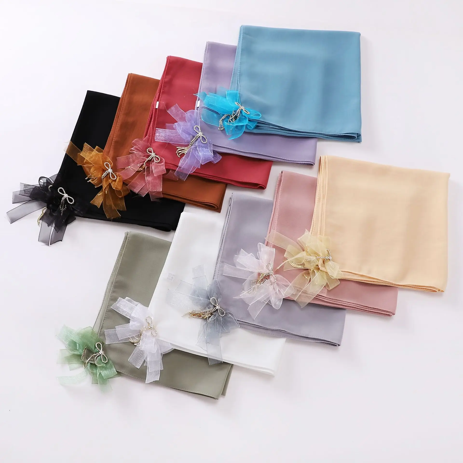 Luxury Diamonds Bow Pearl Chiffon Square Scarf 90*90cm Headscarf Turban Muslim Hijab Women Head Wrap Shawls Kerchief Headband