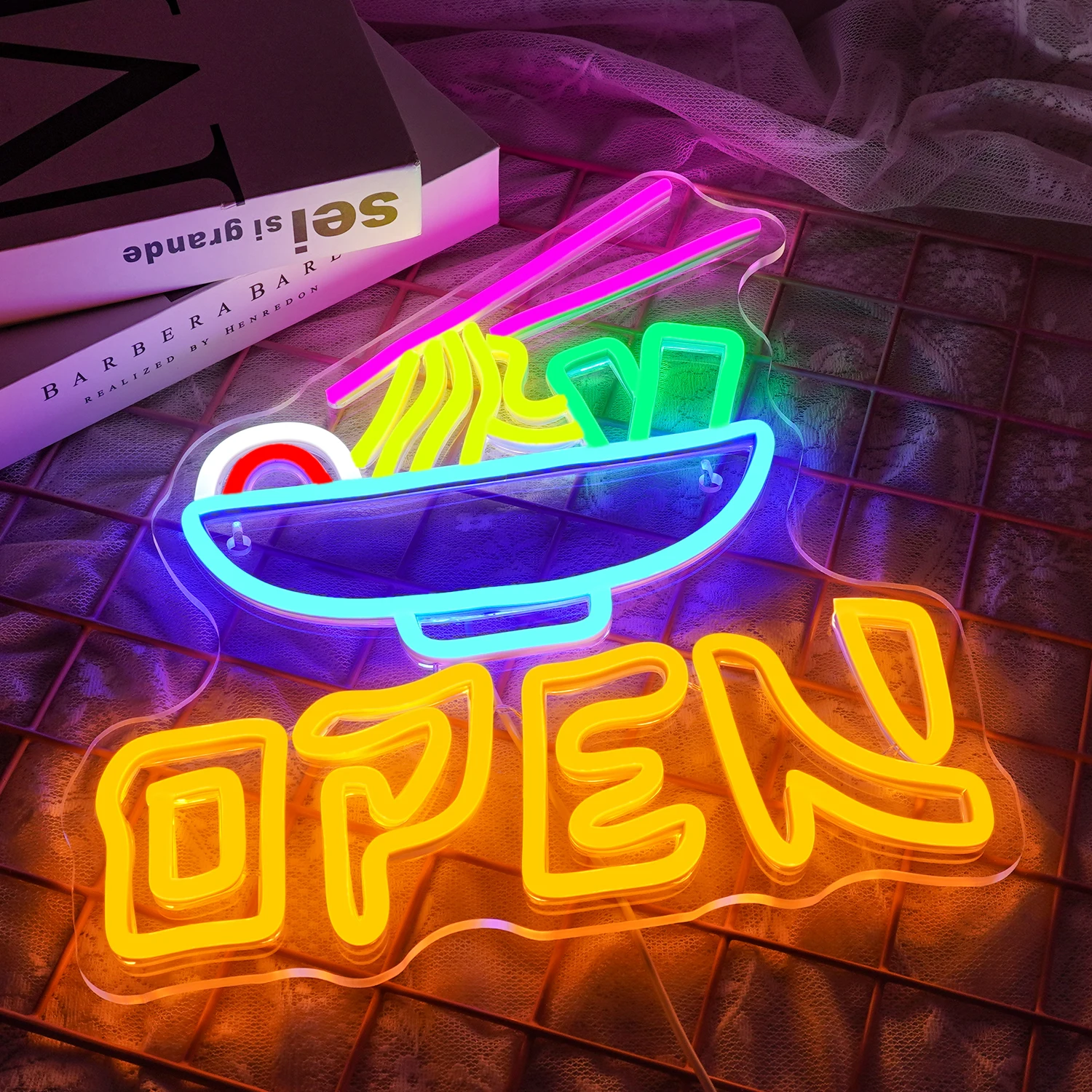 Imagem -02 - Open Ramen Neon Sign Wall Decor Ramen Japonês Regulável Luz Led Colorida Restaurante Cozinha Fast Food Bar Clube Presente de Festa