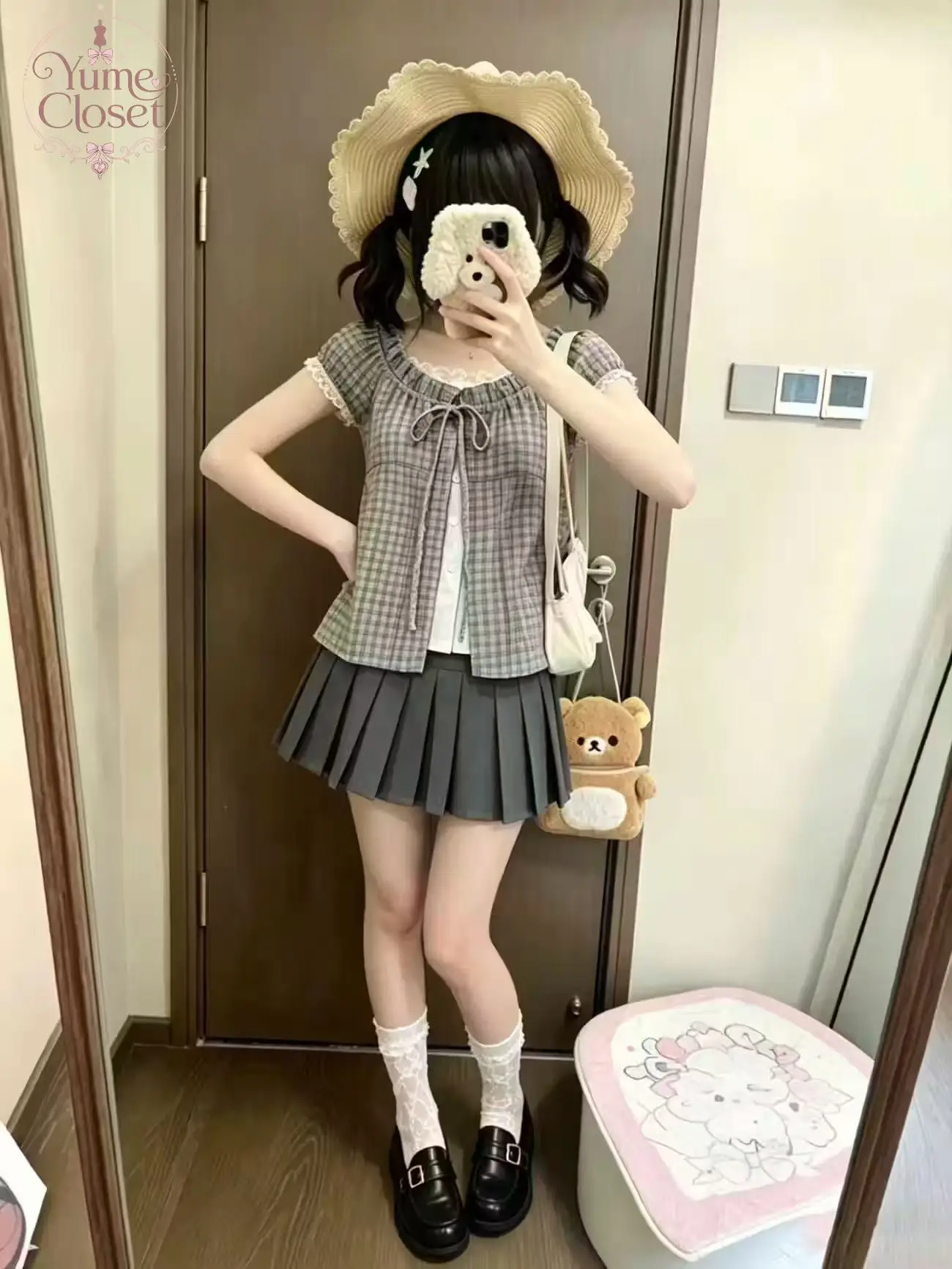 Japanese Vintage Plaid 2 Piece Set Women Ruffle Sleeve Bow Lace Trim Top High Waist Pleated Mini Skirt Casual Daily Outfit 2026