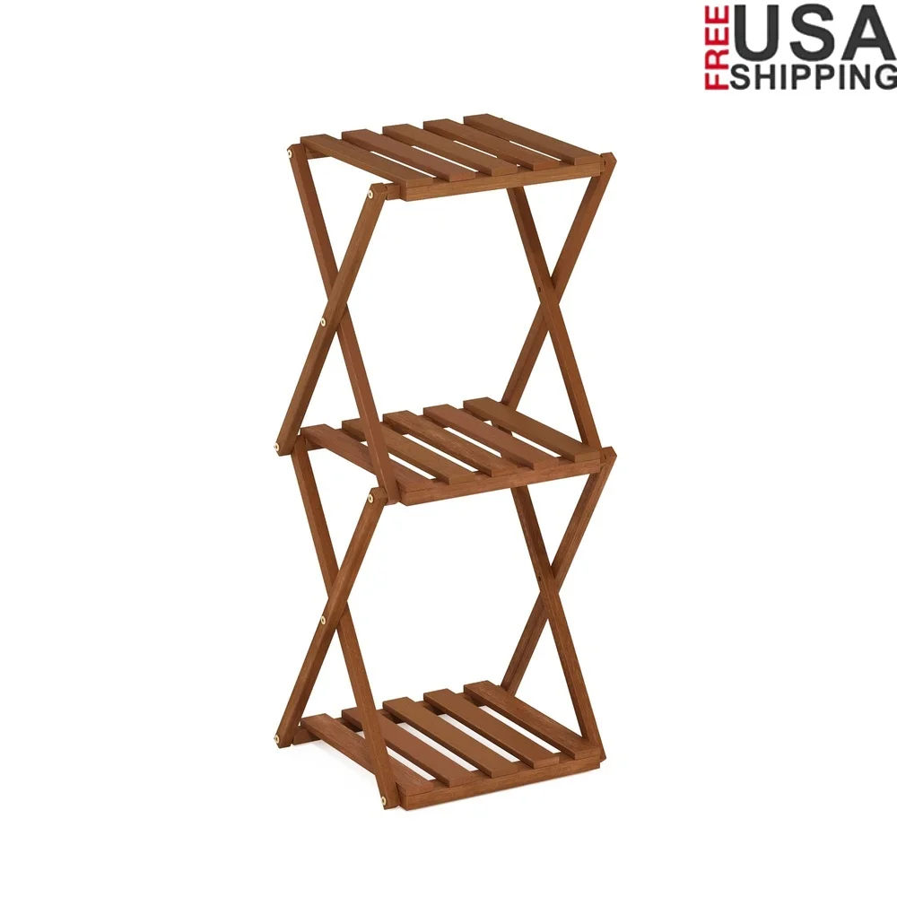 

Outdoor Toolless Folding Display Shelf Plant Stand Side Table 3-Tier Compact Wood Design Water Resistant Ideal Garden Patio