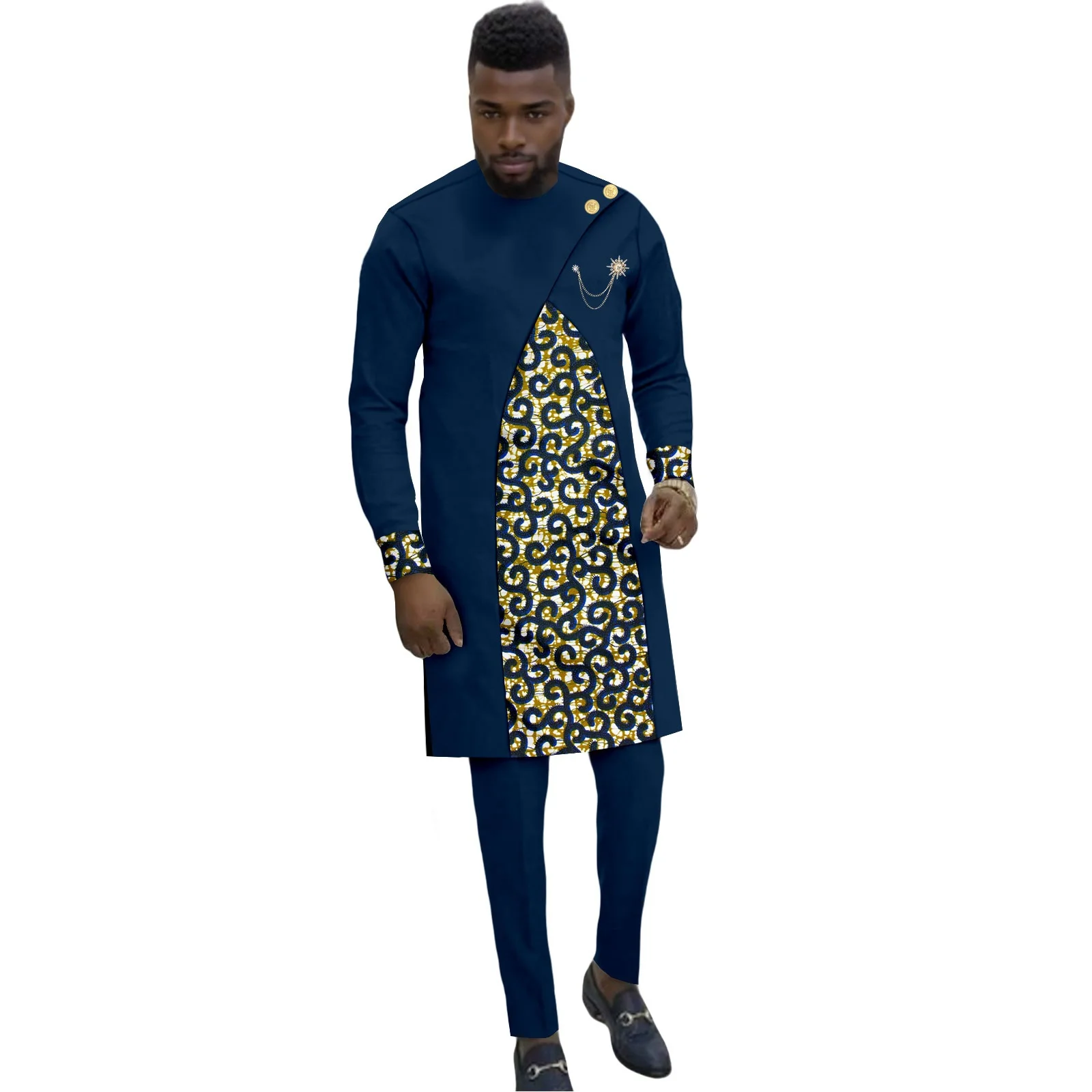

African Suits for Men Elegant Solid Slim Fit Single Breasted Embroidery Blazer Shirts Pants 2 Pieces Set Print Outfits Party