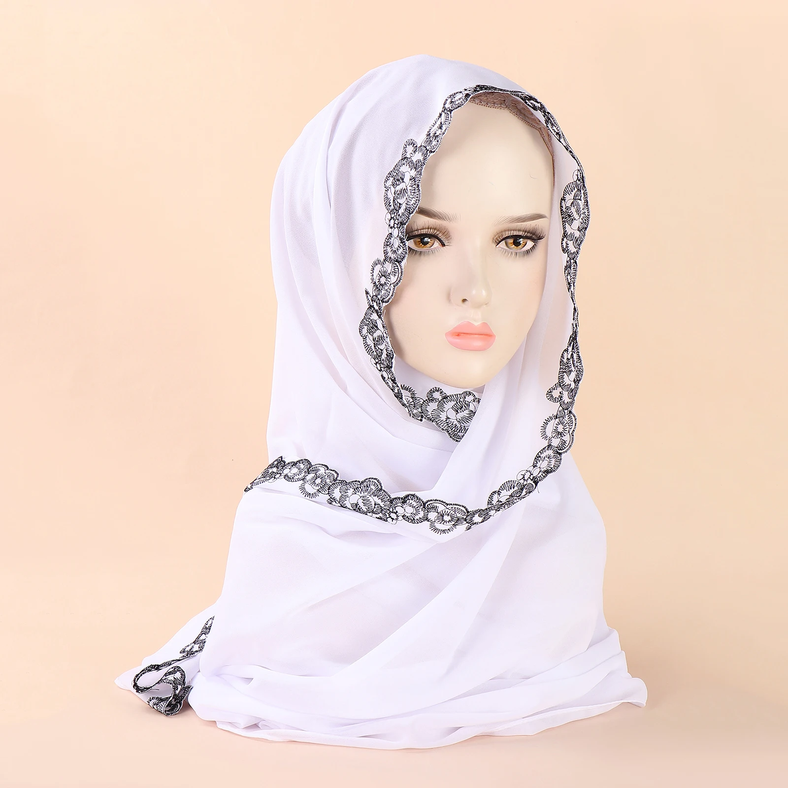 Popular Embroidered Scarf Muslim Headband Solid Chiffon Versatile Hijab Women\'s