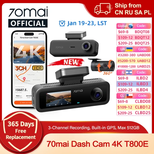 70mai 4K T800E cámara de salpicadero de 3 canales Interior delantero trasero 3 en 1 Control de voz compatible con supercondensador de estacionamiento 24 horas GPS 4K DVR para coche