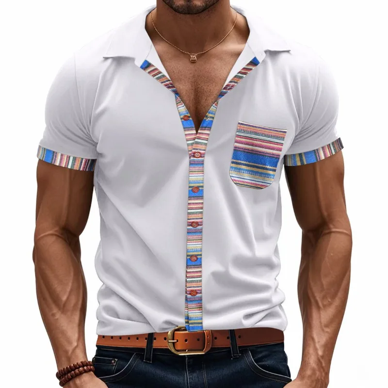 2025 Summer Men's Loose Casual Short Sleeve Shirt Breathable Stretch Color Block Comfort Top