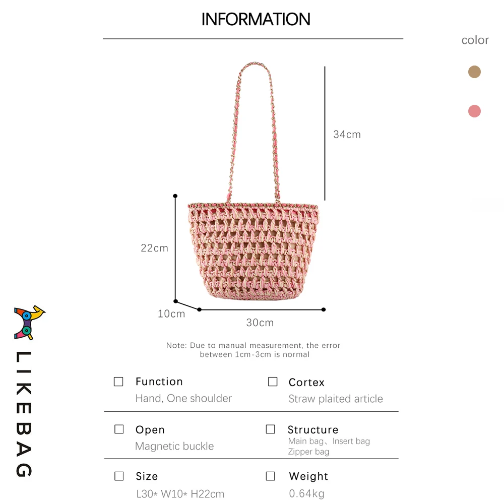 LIKEBAG 세련된 색상 대비 중공 디자인 브레이드 백, 섬세한 금속 체인 숄더백, 여행 휴가 해변 빨대 백, 2024 신상