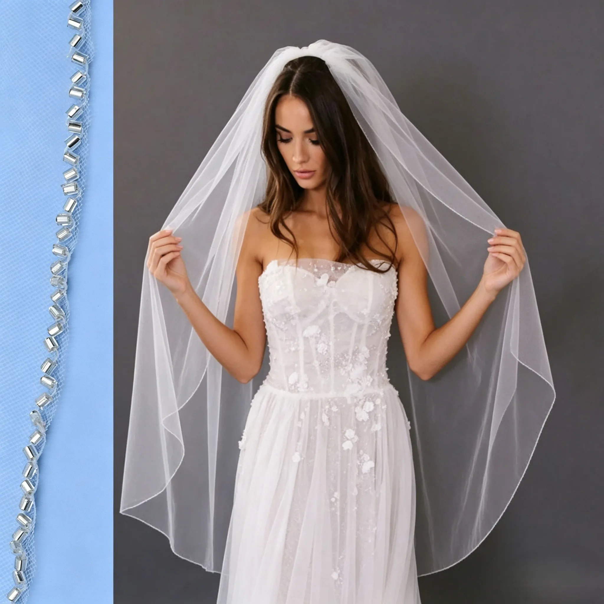 

Minimalist Tube Crystal Edge Veil – Fingertip Length Single Layer Tulle Wedding Veil with Comb Elegant Bridal Accessory G38