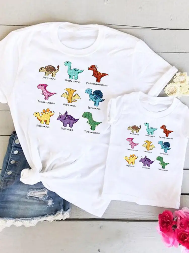 

Dinosaur Cartoon Cute Clothing Tee Family Matching Outfits Summer Women Kid Child Mom Mama Mother Tshirt Clothes Graphic T-shirt