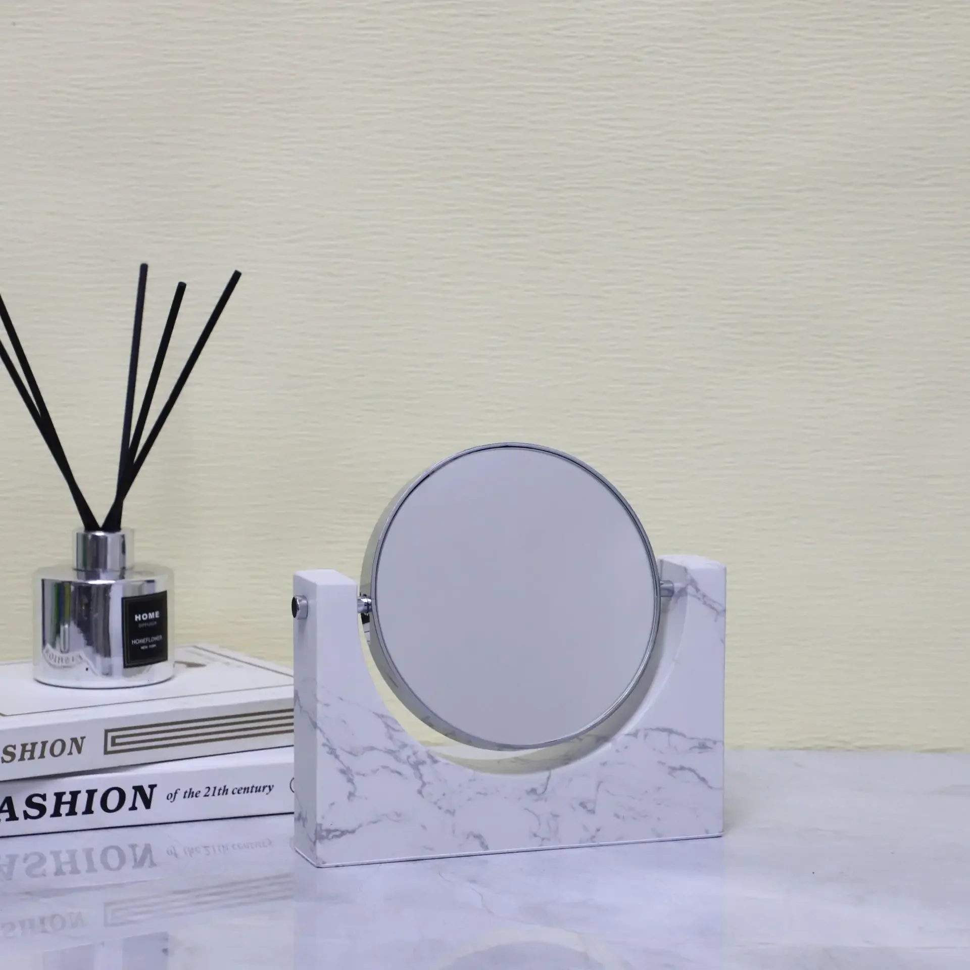 【Natural】Natural White Marble U Shape Rotating Vanity Mirror, HD Clear Round Makeup Mirror for Bedroom Dresser Bathroom Decor
