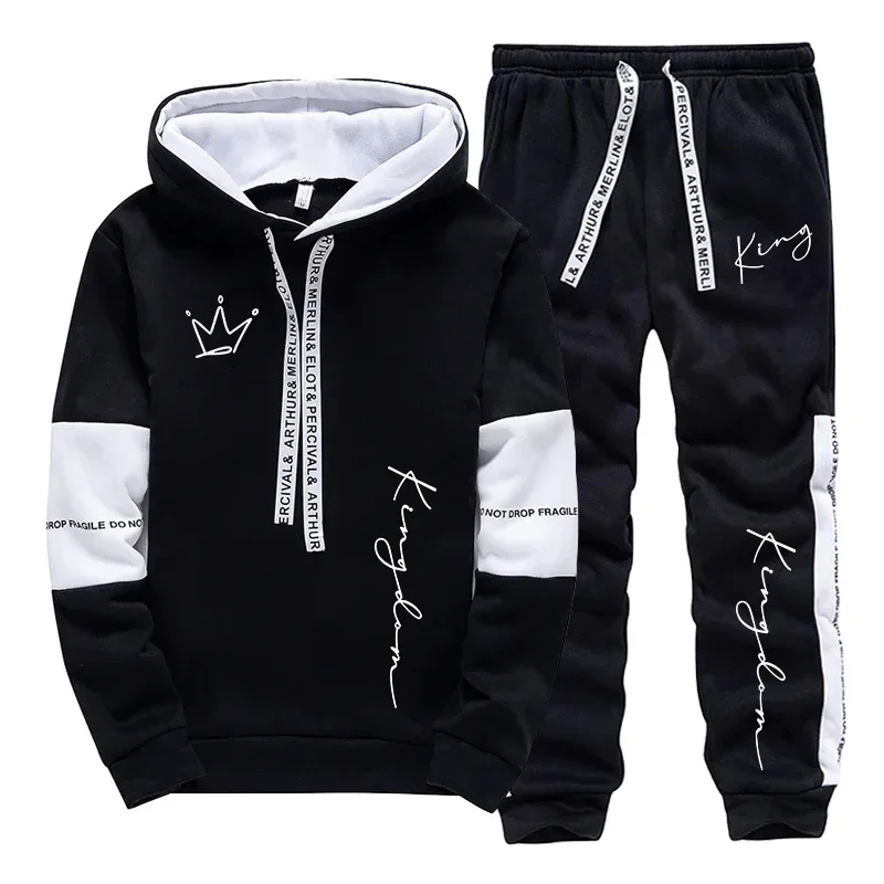 Urban Casual Fashion Sportswear Male Home Outdoor Trendy Hoodie Outfits KING Letter Print Men's Set Hooded Sweatshirt Sweatpants