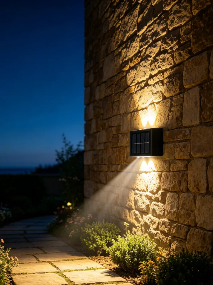 4PCs Solar Fence Lights Outdoor, 6 LED Up Down Solar Wall Lights, Waterproof Solar Powered Wall Lamp for Garden Patio Yard Decor