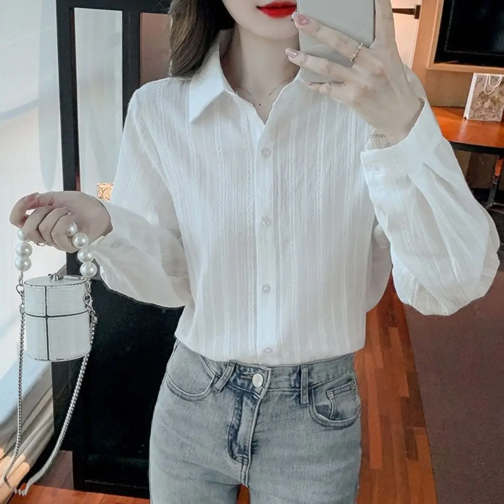 한국 스타일 스윗 스트립 셔츠 탑 루즈핏 얇은 긴팔 블라우스 캐주얼 봄 여름 가을 버튼 셔츠 여성용