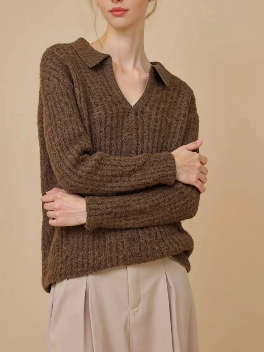 TWOTWINSTYLE Ufficio Minimalista Maglione ad ago spesso per le donne Risvolto Manica lunga Temperamento casual Tunica Orlo Maglieria Donna Nuovo