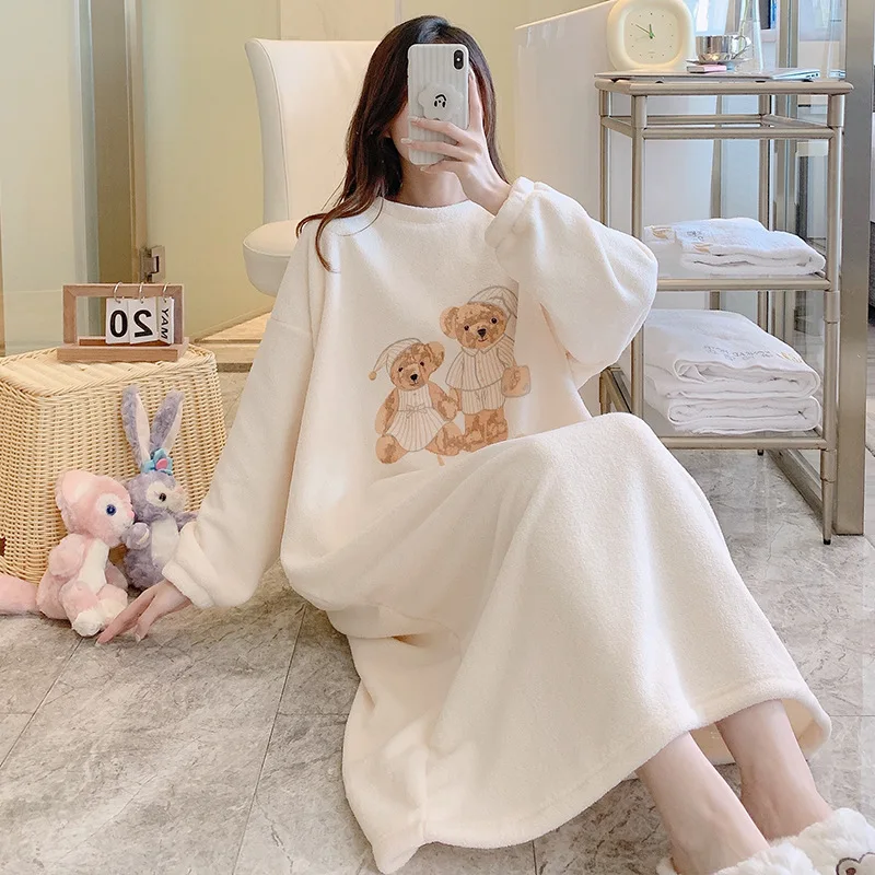 Flannel Long Sleeved Nightdress Women\'s Thick Fleece Sleepwear Loose Round Neck Warm Coral Fleece Nightgown Home Dress Nightwear