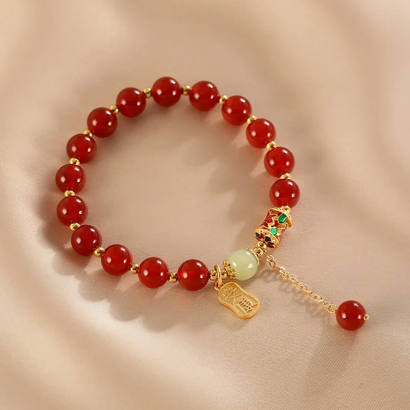 Chinese Style Red Agate Hetian Jade Lucky Transfer Bead Bracelet Blessing Wealth Fortune Good Luck Elastic Rope 8mm Copper Bead
