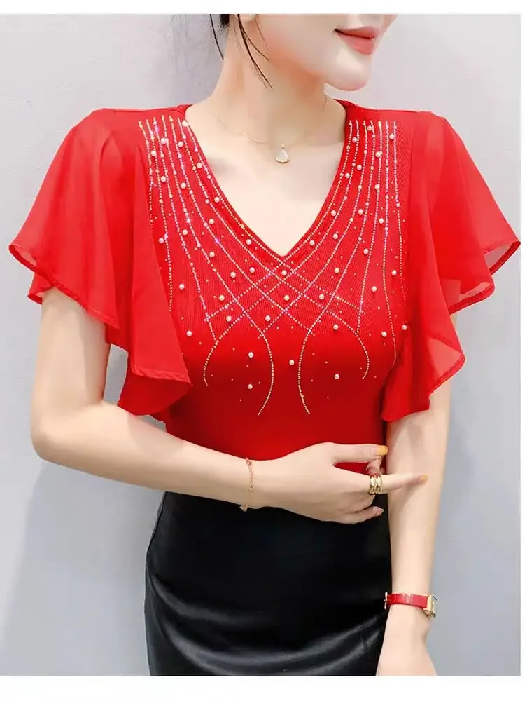 2026 Summer New Women's Fashion T-Shirt - Flattering Ruffled Sleeves & Shoulder Fit with Mesh & Rhinestone Details