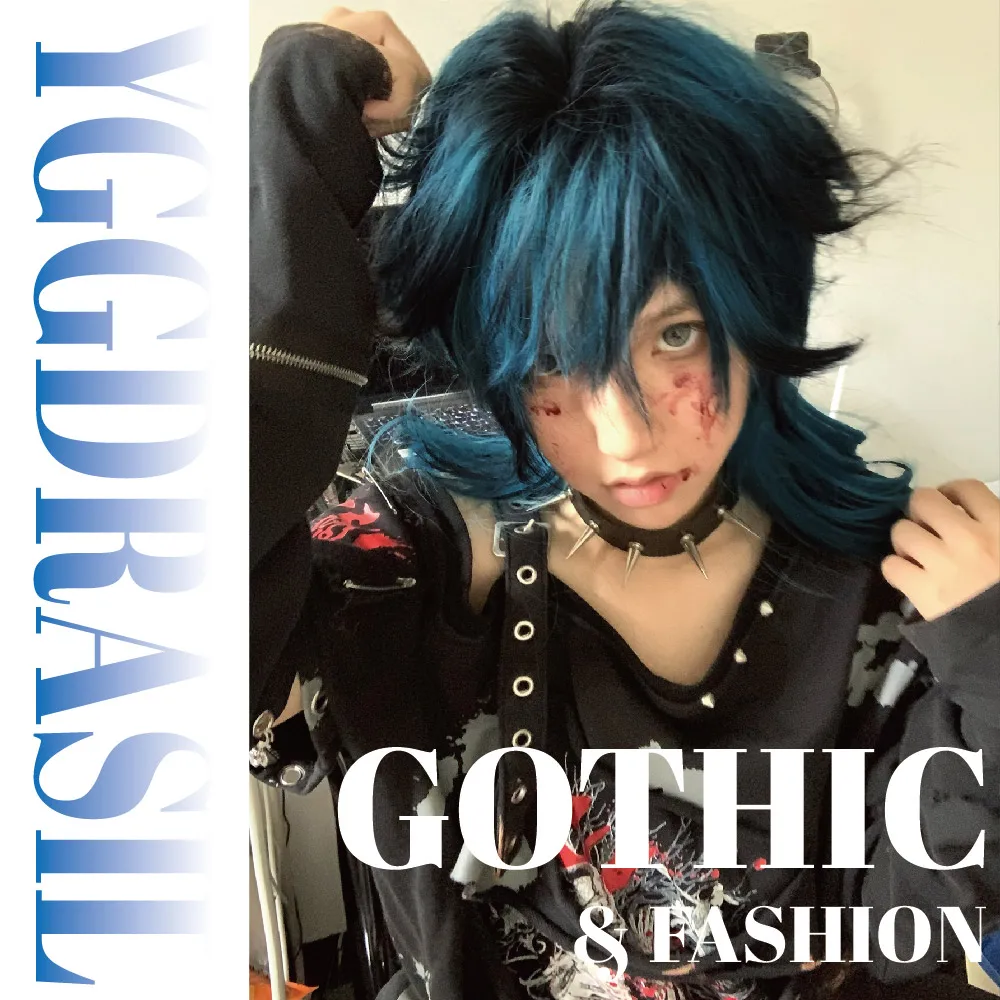 28 Zoll blaue Highlights schwarze Gothic-Stil synthetische Perücken mit Pony lange gewellte Haarperücke für Frauen Cosplay Party hitzebeständig